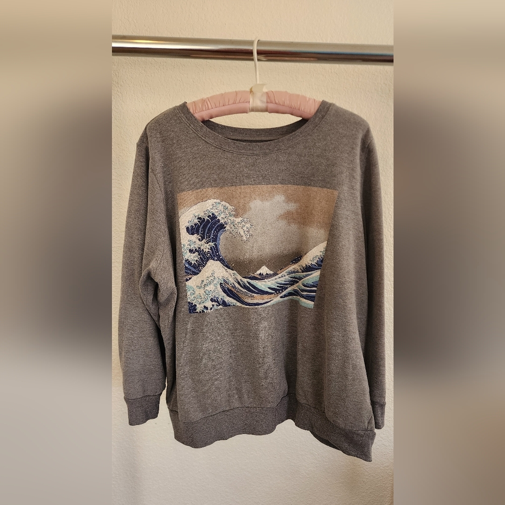 Gray Graphic Wave Print Sweater